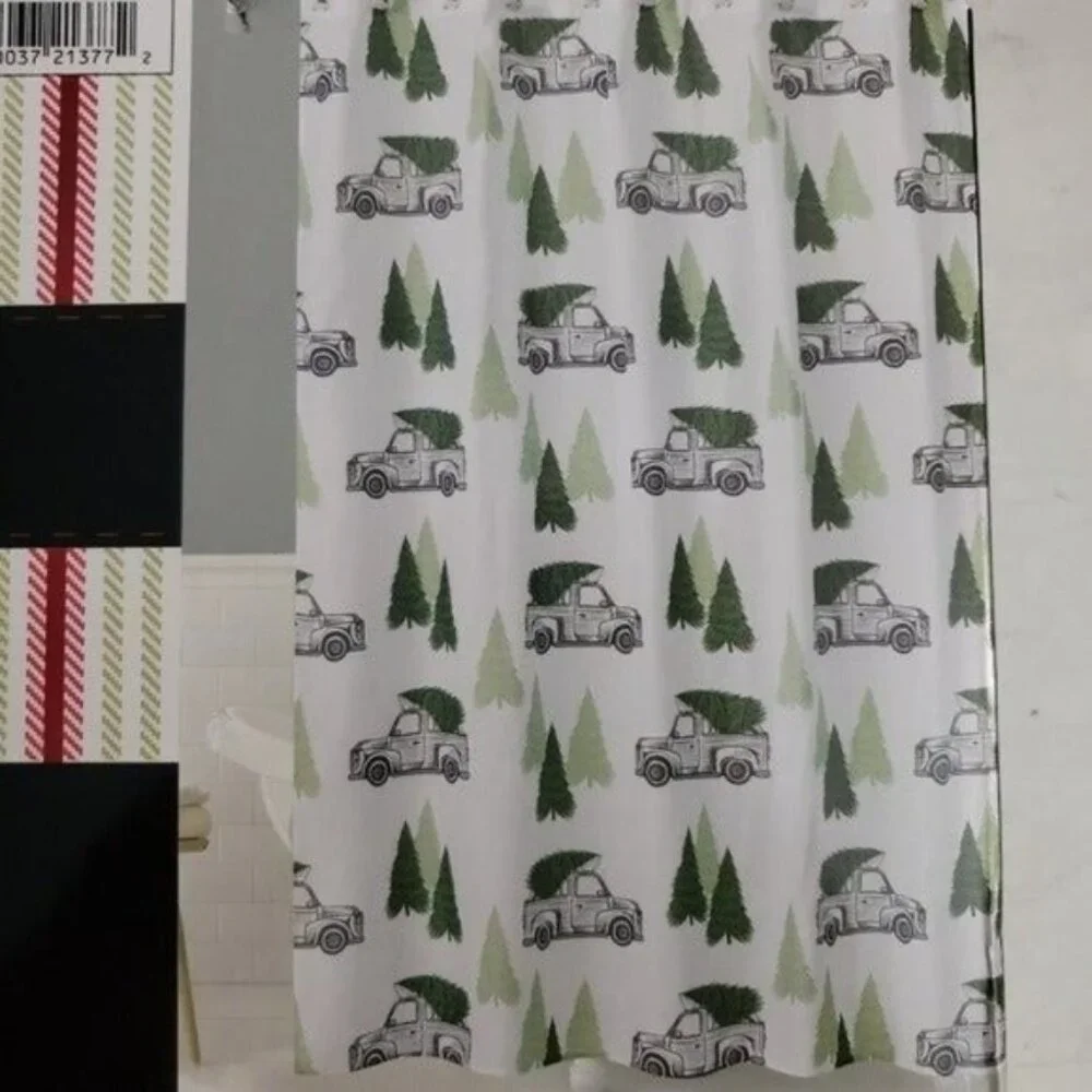 Chirstmas Holiday White & Green Jolly Truck 13-Piece Shower Curtain Set